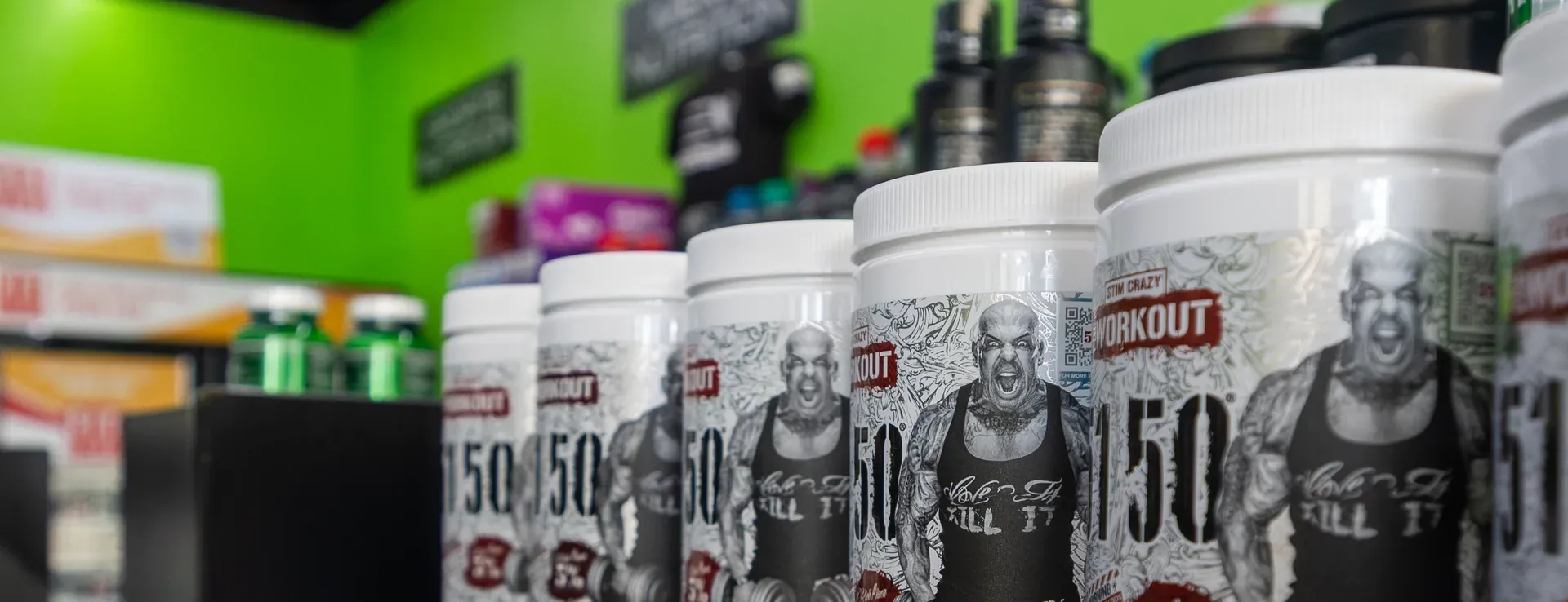 5% Nutrition 5150 pre-workout tubs on the shelf at Elite Nutrition