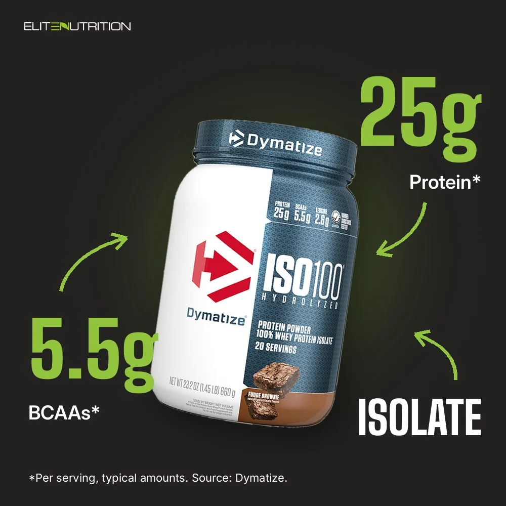 Dymatize ISO100 Hydrolyzed Whey Protein Isolate: 25g Protein*, 5.5g BCAAs*