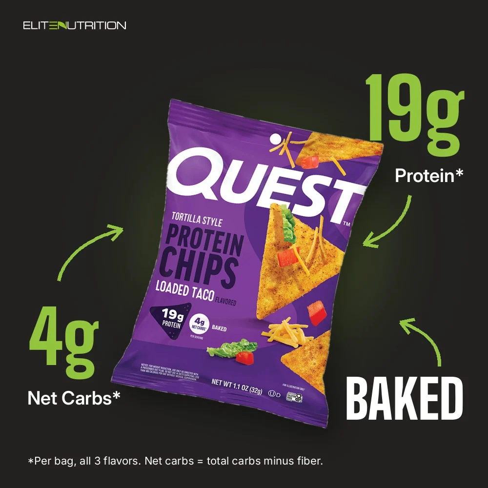 Quest protein chips: 19g protein, 4g net carbs per bag, baked